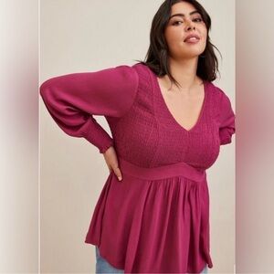 Torrid Women's raspberry Gauze Smocked Babydoll Top Size 1X